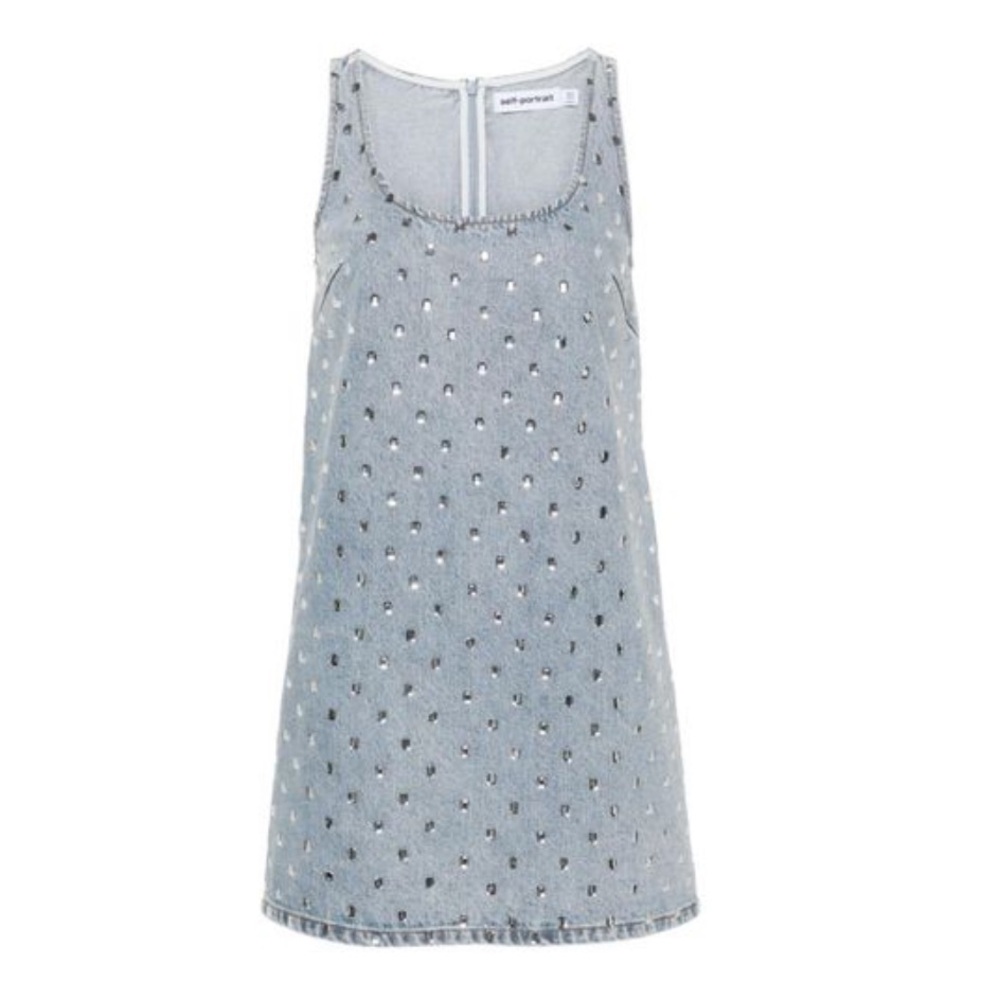 SELF PORTRAIT BEJEWELED DENIM MINI DRESS - size 6